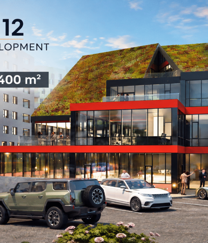 Desarrollo comercial Silfursmári 12 al anochecer